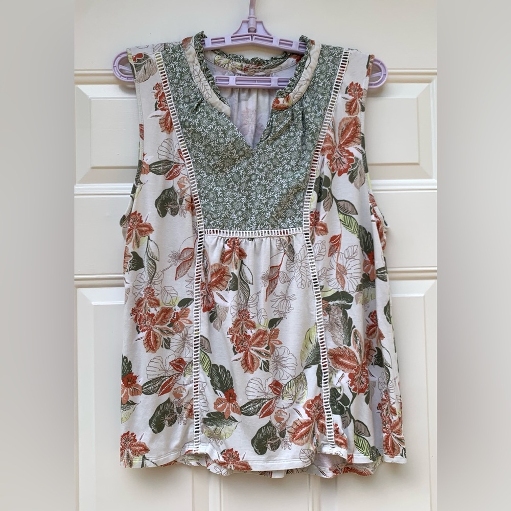 My Danielle Womens Tunic Sleeveless Boho Floral Shirt Medium White Green Top